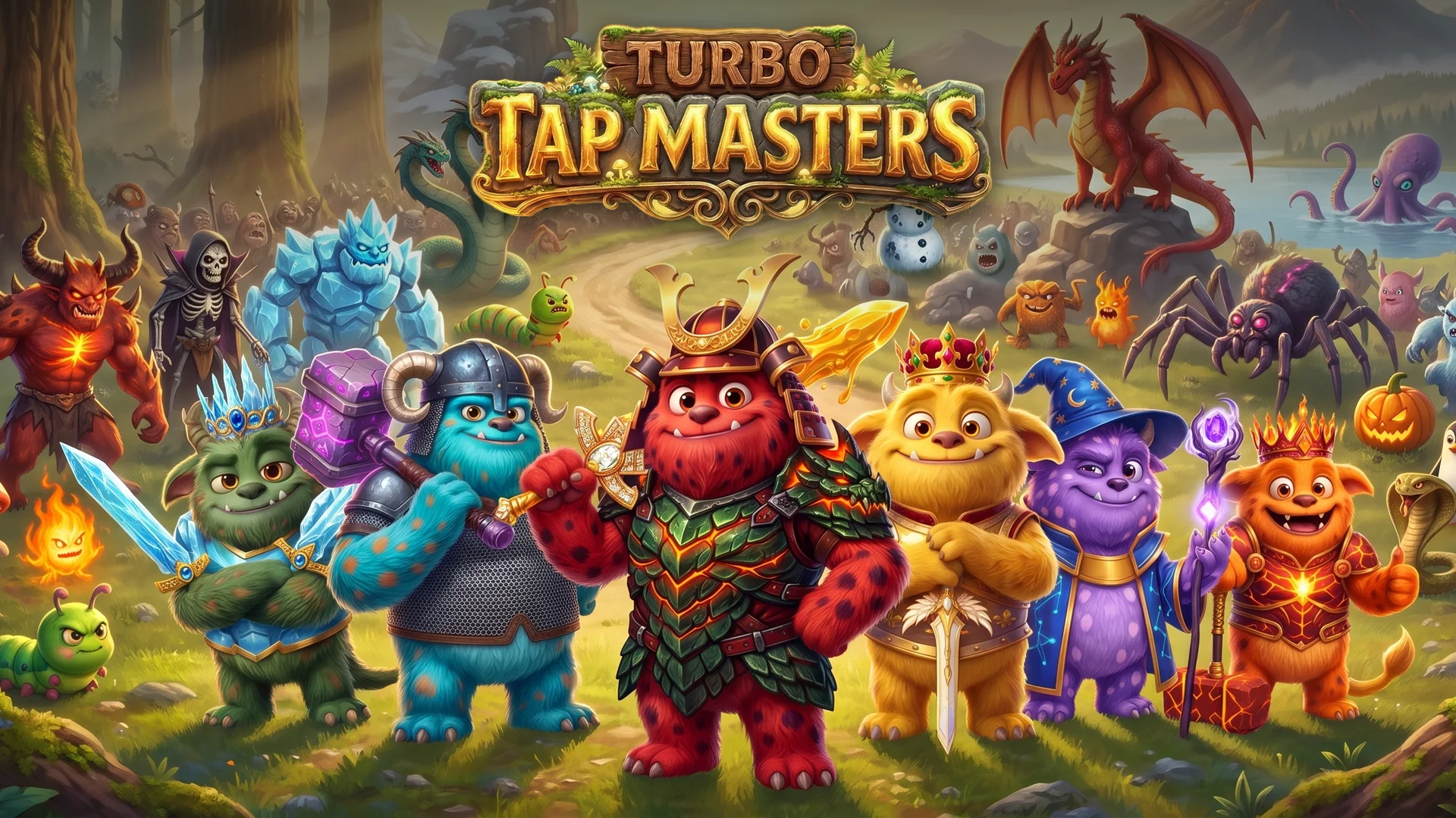 Turbo Tap Masters key art: six fluffy monster heroes in samurai, viking, royal and wizard gear stand in front of an army of bosses and monsters