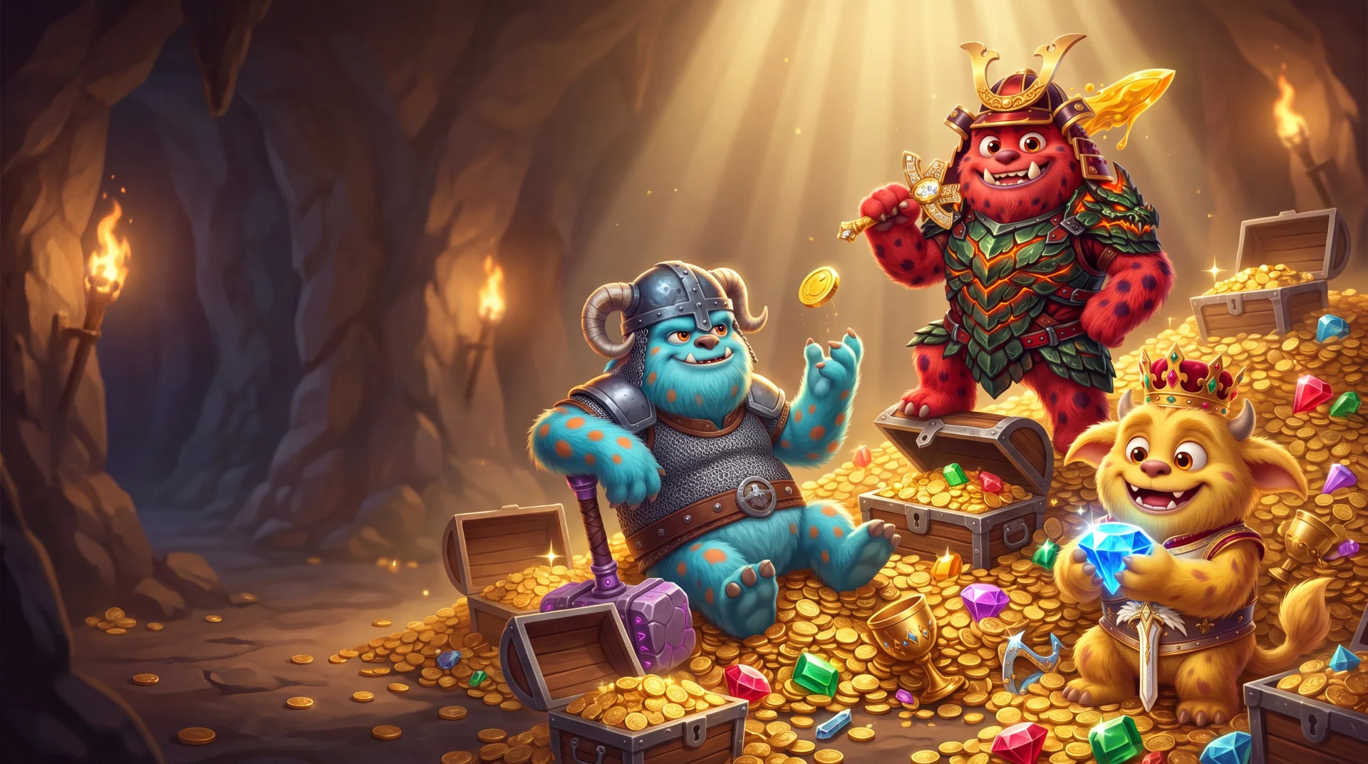 Three Tap Masters celebrate on a mountain of gold coins, treasure chests and crystals