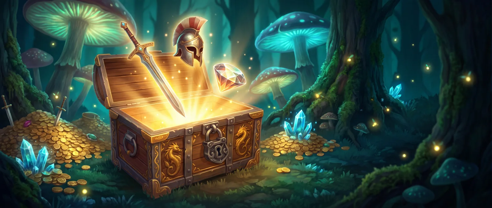 The Mystery Chest bursting open in a mushroom forest, with a sword, a helmet and a gem flying out