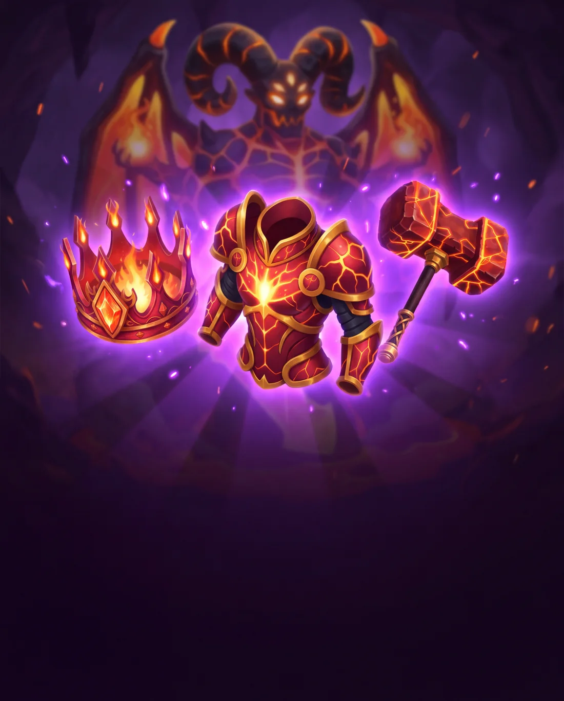 The epic Inferno set, a flaming crown, magma armour and a lava maul, glowing purple in front of the boss Infernius