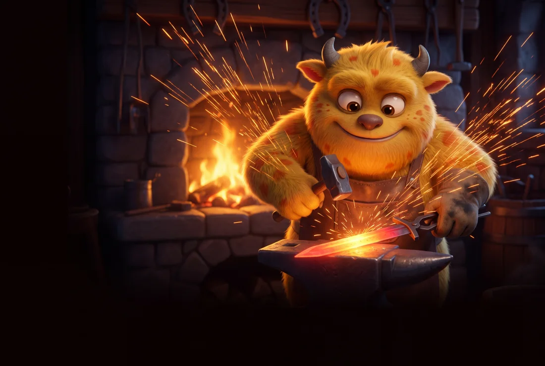 A fluffy yellow monster blacksmith hammering a glowing sword on an anvil, sparks flying