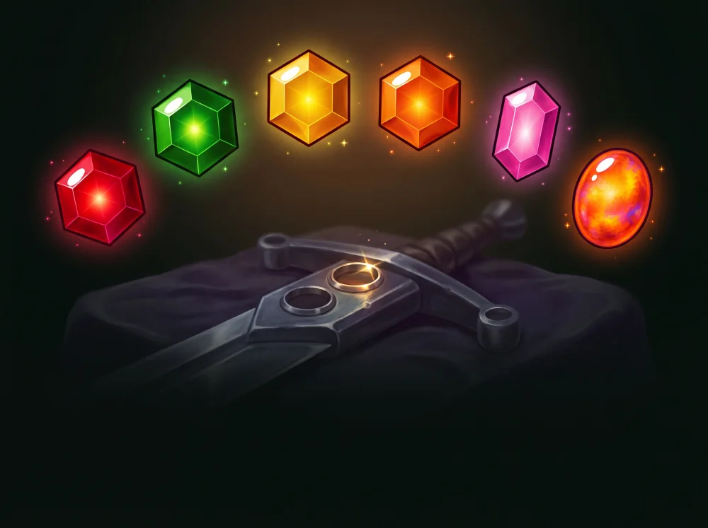 Six gems, ruby, emerald, topaz, carnelian, rose quartz and fire opal, floating above a sword with empty sockets