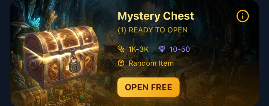 The Mystery Chest card in game, ready to open for free