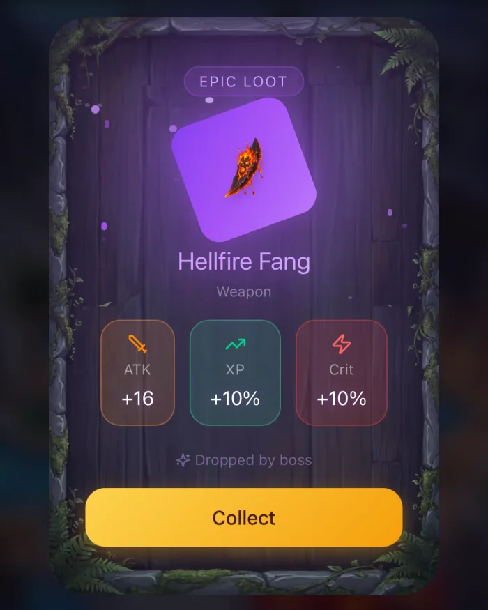 An epic loot reveal: Hellfire Fang with attack, experience and crit stats