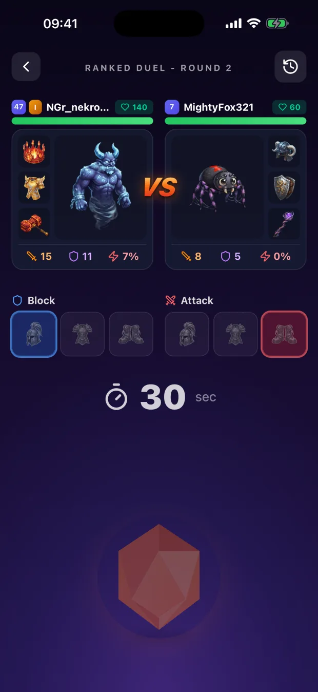 A ranked duel: two players with their equipped gear, attack and block slots, and a thirty second timer