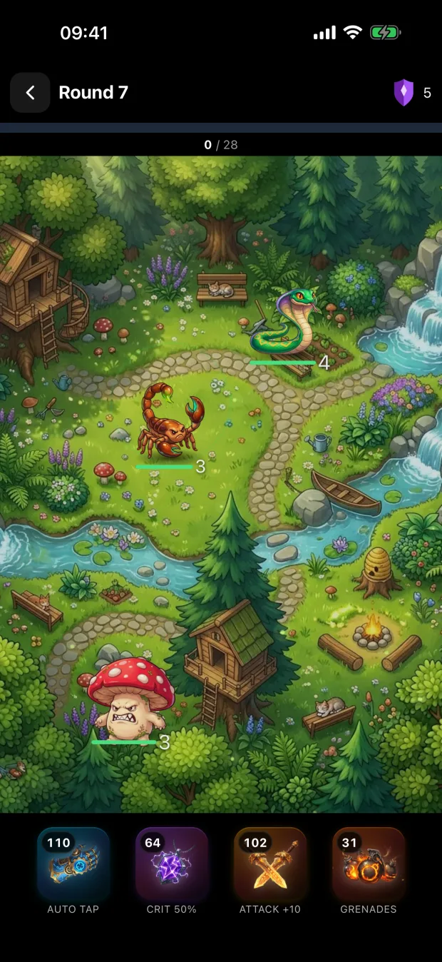 A Forest round in Turbo Tap Masters with three mobs on screen and the buff bar at the bottom